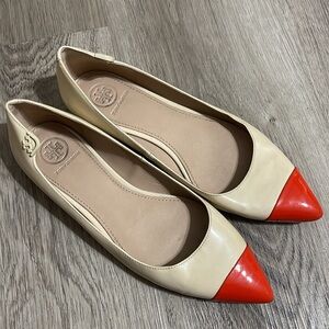 Tory Burch patent leather cream orange toe cap flats 6